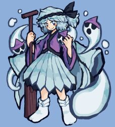 Rule 34 | 1other, androgynous, black headband, blue coat, blue hair, blue skirt, closed mouth, coat, coat on shoulders, commentary, english commentary, fujiwara no iyozane, full body, ghost, gzpxllztt, hands up, headband, highres, holding, holding oar, japanese clothes, len&#039;en, light blue hair, long sleeves, no shoes, oar, pleated skirt, purple shirt, shirt, side ponytail, simple background, skirt, smile, socks, solo, tabi, triangular headpiece, white socks, wide sleeves