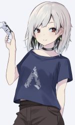 Rule 34 | 1girl, apex legends, bad id, bad pixiv id, black choker, black nails, black pants, blue shirt, breasts, choker, collarbone, controller, earrings, game controller, grey background, grey hair, hand up, highres, holding, jewelry, looking at viewer, nail polish, original, pants, parted bangs, parted lips, red eyes, shirt, short sleeves, simple background, small breasts, smile, solo, yusake san