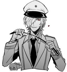 Rule 34 | 10s, 1boy, blush, diabolik lovers, gloves, hair over one eye, hat, heart, humor, kuwa ayase, looking at viewer, male focus, military, military uniform, monochrome, necktie, red eyes, riding crop, sakamaki subaru, simple background, smile, solo, spot color, uniform, white background