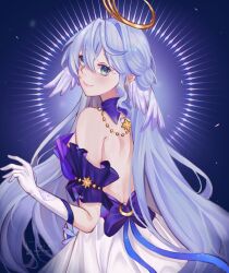 Rule 34 | 1girl, aqua eyes, backless dress, backless outfit, bare back, bare shoulders, blue hair, bow, choker, detached sleeves, dress, gloves, halo, head wings, highres, honkai: star rail, honkai (series), jewelry, long hair, looking at viewer, necklace, purple bow, purple choker, robin (honkai: star rail), rurui134, short sleeves, smile, solo, upper body, very long hair, white dress, white gloves, wings
