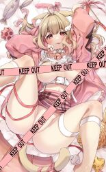 Rule 34 | 1girl, :p, ahoge, animal ears, areola slip, ass, bell, blush, breasts, brown hair, buckle, cat ears, cat girl, cat tail, cat teaser, caution tape, censored, cheese, collar, fish, food, heart, heart-shaped buckle, highres, jacket, keep out, kemomimi refle!, large breasts, long hair, looking at viewer, lying, medium breasts, mouse (animal), neck bell, nekoma karin, no panties, on back, open clothes, open jacket, partially visible vulva, pink jacket, pink skirt, plaid, plaid skirt, red eyes, ribbon, skirt, solo, spread legs, tail, tail ornament, tail ribbon, tarou (komekueyo), thigh strap, tongue, tongue out, virtual youtuber, white collar