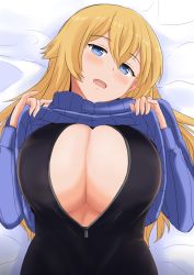 Rule 34 | 1girl, blonde hair, blue eyes, blush, breasts, cleavage, clothes lift, hair between eyes, hair flaps, half-closed eyes, highres, large breasts, lifting own clothes, long hair, looking at viewer, lying, meme attire, mori yoshihara (naozuri), naozuri, on back, one-piece swimsuit, open clothes, open mouth, open shirt, original, paizuri invitation, ribbed sweater, shirt, solo, sweater, sweater lift, swimsuit, turtleneck, upper body