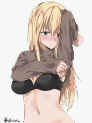 Rule 34 | 10s, 1girl, absurdres, amu (258shin), armpits, artist name, bismarck (kancolle), blonde hair, blue eyes, blush, bra, breasts, cleavage, groin, highres, kantai collection, long hair, long sleeves, midriff, navel, ribs, solo, turtleneck, twitter username, underwear, undressing, upper body, white background