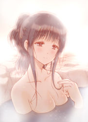 Rule 34 | 1girl, bare shoulders, black hair, bluez, breasts, chitanda eru, cleavage, completely nude, hyouka, long hair, medium breasts, nude, onsen, partially submerged, ponytail, purple eyes, smile, solo, steam, sweat, upper body, water