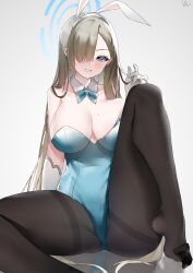 Rule 34 | 1girl, absurdres, animal ears, asuna (blue archive), blue archive, blue eyes, breasts, cleavage, detached collar, fake animal ears, feet, hair over one eye, highres, large breasts, leotard, light blush, long hair, looking at viewer, pantyhose, parted lips, rabbit ears, soles, toes