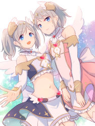 Rule 34 | 2girls, :d, akari (angel) (princess connect!), akari (princess connect!), bare shoulders, blue eyes, blush, bow, breasts, closed mouth, commentary, crop top, detached sleeves, dutch angle, frilled skirt, frills, grey hair, gucchiann, hair between eyes, head wings, heart, highres, long sleeves, medium breasts, midriff, multiple girls, navel, open mouth, princess connect!, romaji commentary, siblings, sisters, skirt, smile, sparkle background, sweat, swept bangs, twins, twintails, wavy mouth, white bow, white skirt, white sleeves, white wings, wings, yori (angel) (princess connect!), yori (princess connect!)