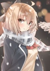 Rule 34 | 1girl, ahoge, blonde hair, blouse, blush, closed mouth, fate/grand order, fate (series), from side, hair between eyes, hair ribbon, highres, koha-ace, long sleeves, looking at viewer, messy hair, okita souji (fate), okita souji (koha-ace), open clothes, open shirt, red ribbon, ribbon, scarf, shirt, short hair, sidelocks, smile, snowing, solo, striped clothes, striped scarf, tagme, yakitori (yakitori06)