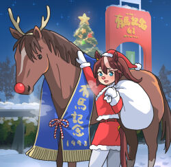Rule 34 | 1girl, animal ears, blush, breath, brown hair, celtic knot, christmas, christmas tree, clothing cutout, coat, diffraction spikes, fake antlers, fake nose, hat, holding, holding sack, horse, horse ears, horse girl, horse tail, long hair, long sleeves, looking at viewer, mittens, multicolored hair, night, ooishi oil, open mouth, outdoors, pants, ponytail, red coat, red nose, sack, santa costume, santa hat, smile, snow, standing, star (sky), streaked hair, tail, tail through clothes, tokai teio (racehorse), tokai teio (umamusume), tree, umamusume, white pants