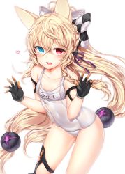Rule 34 | 1girl, absurdres, black gloves, blonde hair, blue eyes, blush, fingerless gloves, g41 (beach punk 2064) (girls&#039; frontline), g41 (girls&#039; frontline), girls&#039; frontline, gloves, hair between eyes, heart, heterochromia, highres, long hair, looking at viewer, official alternate costume, one-piece swimsuit, open mouth, red eyes, school swimsuit, simple background, solo, standing, swimsuit, very long hair, white background, white one-piece swimsuit, white school swimsuit, zerocat
