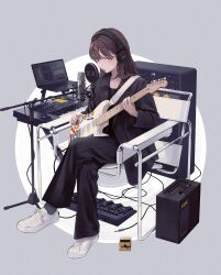 Rule 34 | 1girl, amplifier, black jacket, black nails, black pants, black shirt, brown hair, chair, commentary request, commission, computer, effects pedal, electric guitar, full body, grey background, guitar, headphones, highres, holding, holding guitar, holding instrument, instrument, jacket, keyboard (instrument), laptop, long hair, looking at viewer, marshall amplification, microphone, microphone stand, music, open mouth, orange eyes, original, pants, pedal board, pop filter, shirt, shoes, singing, sitting, skeb commission, sneakers, solo, sugai (4ugaii), two-tone background, white background, white footwear