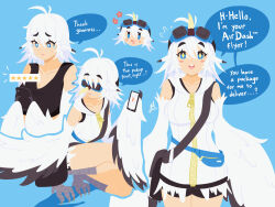 Rule 34 | 1girl, bag, bare shoulders, bird legs, blue background, blush stickers, breasts, bright pupils, cellphone, cleavage, commentary, dress, english commentary, english text, fake beak, fanny pack, feathers, goggles, goggles on head, hair between eyes, harpy, highres, holding, holding phone, jaya (lightklok), lightklok, medium breasts, medium hair, messenger bag, monster girl, multiple views, on branch, open mouth, original, phone, shoulder bag, sleeveless, sleeveless dress, smartphone, speech bubble, talons, teeth, two-tone wings, upper teeth only, white dress, white feathers, white hair, white pupils, white wings, winged arms, wings, zipper dress