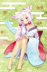 Rule 34 | 1girl, :3, animal ear fluff, animal ears, bare legs, barefoot, blue kimono, blush, breasts, collarbone, eyelashes, feet, flower, gradient eyes, grass, green background, hair ornament, hand on own knee, head tilt, highres, japanese clothes, kimono, knees together feet apart, knees up, legs, light purple hair, long hair, long sleeves, looking at viewer, medium breasts, multicolored eyes, obi, painting (medium), pink eyes, red eyes, sash, sidelocks, signature, sitting, smile, solo, toe scrunch, toes, topknot, touhoku itako, traditional media, uryan!, voiceroid, watercolor (medium), wide sleeves