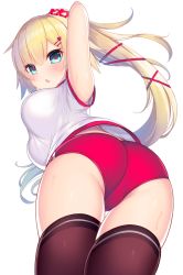 Rule 34 | 1girl, :o, akai haato, arms up, ass, black thighhighs, blonde hair, blue eyes, breasts, buruma, commentary request, gym uniform, hair ornament, hair ribbon, hairclip, heart, heart-shaped pupils, heart hair ornament, hololive, long hair, looking at viewer, ponytail, ribbon, solo, sweat, symbol-shaped pupils, thighhighs, transparent background, virtual youtuber, yoshiheihe