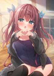 Rule 34 | 1girl, black shirt, blue eyes, blue one-piece swimsuit, blue ribbon, blush, breasts, brown hair, chestnut mouth, collarbone, commentary, grey skirt, hair ribbon, hanamiya natsuka, hands up, heart, heart-shaped pupils, heart hands, indoors, long hair, long sleeves, looking at viewer, old school swimsuit, one-piece swimsuit, open clothes, open mouth, open shirt, original, plaid, plaid skirt, pleated skirt, puffy long sleeves, puffy sleeves, ribbon, school swimsuit, shirt, skirt, sleeves past wrists, small breasts, solo, swimsuit, symbol-only commentary, symbol-shaped pupils, two side up, unworn skirt, very long hair, wooden floor
