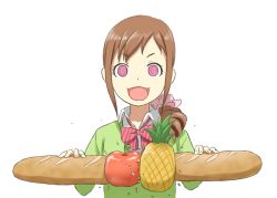 Rule 34 | 1girl, @ @, apple, baguette, bow, bowtie, bread, brown hair, drill hair, fang, food, fruit, hands up, holding, holding food, idolmaster, idolmaster cinderella girls, ikariko (miu-f), long hair, looking at viewer, ohara michiru, open mouth, parody, pen-pineapple-apple-pen, pineapple, pink eyes, ponytail, simple background, smile, solo, sweater, upper body, white background