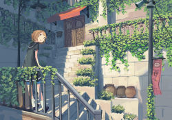 Rule 34 | 1girl, awning, brown eyes, brown hair, commentary, door, leaning back, mailbox, matching hair/eyes, open mouth, original, plant, postbox, pot, railing, sailor collar, shadow, short hair, shorts, smile, solo, speaker, stairs, vines, wu ba pin