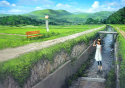 Rule 34 | 1girl, adjusting clothes, adjusting headwear, arm behind back, arm up, bench, black hair, blue pants, blue sky, bridge, brown hat, building, bus stop, canal, capri pants, cloud, day, denim, dirt road, dress, fedora, field, forest, grass, hand on headwear, hand up, hat, highres, hill, house, jeans, landscape, long hair, looking at viewer, nature, original, outdoors, pants, park bench, path, plant, retaining wall, road, road sign, rural, scenery, short sleeves, sign, sky, solo, standing, stone wall, stream, summer, sundress, village, wading, wall, white dress, wide shot, yoshida seiji