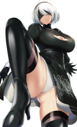 Rule 34 | 1girl, 2b (nier:automata), black blindfold, black dress, black hairband, blindfold, boots, breasts, cleavage, cleavage cutout, clothing cutout, covered eyes, dress, feather-trimmed sleeves, hairband, high heel boots, high heels, highleg, highleg leotard, highres, juliet sleeves, kumakichi (cost-lost), large breasts, leotard, long sleeves, mole, mole under mouth, nier:automata, nier (series), puffy sleeves, short hair, solo, thigh boots, thighhighs, turtleneck, turtleneck dress, white hair, white leotard