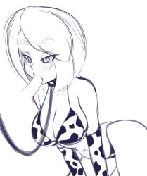 Rule 34 | 1girl, absurdres, all fours, alternate breast size, animal print, bare shoulders, bikini, blush, bob cut, breasts, cleavage, collar, collarbone, cow print, disembodied penis, elbow gloves, erection, fellatio, fir3born, gloves, greyscale, half-closed eyes, heart, heart-shaped pupils, highres, large breasts, leaning forward, leash, monochrome, navel, open mouth, oral, original, penis, short hair, sidelocks, simple background, sketch, solo focus, string bikini, swept bangs, swimsuit, symbol-shaped pupils, thick thighs, thighs, thonk (fir3born), uncensored, white background