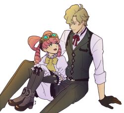 Rule 34 | 1boy, 1girl, ace attorney, aqua eyes, blonde hair, boots, bow, brown gloves, bubble skirt, closed mouth, collar, dress, drill hair, eye contact, frilled collar, frilled sleeves, frills, gloves, goggles, goggles on head, hair rings, hallo-byby, herlock sholmes, hugging own legs, iris wilson, long hair, long sleeves, looking at another, neck ribbon, necktie, open mouth, pants, pink hair, pink ribbon, puffy sleeves, ribbon, shirt, short hair, simple background, sitting, skirt, smile, strapless, strapless dress, the great ace attorney, twintails, vest, white background, white shirt, yellow bow