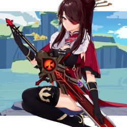 Rule 34 | 1girl, beidou (genshin impact), black gloves, boots, breasts, brown hair, cleavage, cloud, elbow gloves, eyepatch, genshin impact, gloves, hair ornament, hair over one eye, hair stick, high heel boots, high heels, highres, holding, holding sword, holding weapon, light smile, looking ahead, medium breasts, mountain, one eye covered, raysricey, red eyes, sidelocks, sitting, sky, solo, sword, thigh boots, thighhighs, weapon, yokozuwari