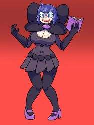 Rule 34 | 1girl, @ @, alternate costume, bespectacled, black gloves, black pantyhose, blush, book, breasts, cleavage, cleavage cutout, clothing cutout, cosplay, creatures (company), drooling, elite four, english text, full body, game freak, glasses, gloves, greliz, hands up, hex maniac (pokemon), high heels, highres, knees together feet apart, large breasts, long sleeves, matching hair/eyes, nintendo, npc trainer, open mouth, pantyhose, pleated skirt, pokemon, pokemon bw, pokemon xy, purple eyes, purple footwear, purple hair, purple shirt, purple skirt, red background, shauntal (pokemon), shauntal (pokemon) (cosplay), shirt, shoes, short hair, simple background, skirt, smile, solo, standing, text focus, thigh gap