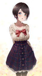 Rule 34 | 1girl, arm behind back, black hair, black pantyhose, black skirt, blue eyes, bow, breasts, buttons, center frills, checkered clothes, checkered skirt, commentary, frilled shirt, frilled skirt, frills, hair ribbon, high-waist skirt, highres, hololive, large breasts, long sleeves, looking at viewer, medium breasts, oozora subaru, oozora subaru (casual), open mouth, pantyhose, red bow, ribbon, shirt, short hair, skirt, skirt hold, solo, standing, virtual youtuber, wanne, white ribbon, white shirt