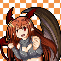 Rule 34 | 1girl, bare shoulders, blush, breasts, cleavage, demon girl, fangs, female focus, horns, long hair, lord of vermilion, open mouth, pointy ears, red eyes, red hair, single wing, smile, solo, demon girl, succubus (lord of vermilion), tail, wings