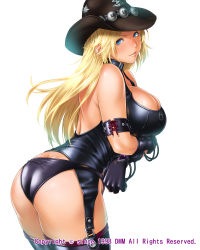 Rule 34 | 1girl, ass, black gloves, black panties, black thighhighs, blonde hair, blue eyes, blush, bondage outfit, breast hold, breasts, choker, cleavage, collar, company name, cowboy hat, dmm, elbow gloves, fumizuki misoka, gloves, hat, huge ass, large breasts, long hair, looking at viewer, otoko no itadaki, panties, simple background, skin tight, smile, solo, thighhighs, underwear, watermark, white background