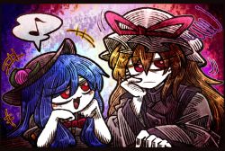 Rule 34 | :3, annoyed, blonde hair, blue hair, bow, bowtie, elbows on table, food, frown, fruit, hand on own face, hat, head on hand, hinanawi tenshi, laughing, leaning, leaning forward, looking at another, looking away, looking to the side, mob cap, musical note, peach, red eyes, resting, sitting, smug, speech bubble, suenari (peace), table, touhou, yakumo yukari