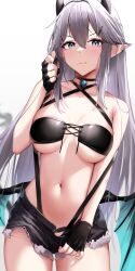 Rule 34 | 1girl, absurdres, black choker, black gloves, black shorts, blush, breasts, choker, cleavage, closed mouth, commentary, ear piercing, english commentary, fingerless gloves, gloves, grey eyes, grey hair, hair ornament, hairclip, hand up, highres, horns, long hair, looking at viewer, medium breasts, navel, piercing, pointy ears, short shorts, shorts, simple background, skai kun, smile, solo, stomach, underboob, vei (vtuber), vei (vtuber) (9th costume), virtual youtuber, vshojo, white background, wings