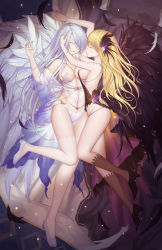 Rule 34 | 2girls, arm up, bad id, bad pixiv id, bare shoulders, black footwear, black wings, breasts, cleavage, couple, closed eyes, feather hair ornament, feathers, female focus, hair ornament, hair over one eye, hand in another&#039;s hair, hand up, kneehighs, large breasts, multiple girls, original, revealing clothes, rinmmo, sideboob, socks, thighhighs, thighs, white footwear, white hair, white legwear, white wings, wings, yuri