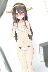 Rule 34 | 10s, 1girl, bare shoulders, black hair, blush, bow, bow panties, breasts, brown eyes, cleavage, closed mouth, collarbone, commentary request, cowboy shot, eyebrows, gluteal fold, hair between eyes, hair ornament, hairclip, haruna (kancolle), headgear, kantai collection, long hair, looking at viewer, navel, nose blush, panties, sarashi, sidelocks, solo, standing, stomach, thigh gap, thighs, underwear, underwear only, white background, white panties, yuki (yukin0128)