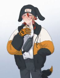Rule 34 | 1boy, animal ear headwear, animal ears, axel syrios, beanie, black hat, black pants, blonde hair, braid, closed eyes, cold, crumbs, e1ctricee1s, eating, fake animal ears, fanny pack, food, gloves, hair between eyes, hand in pocket, hat, highres, holostars, holostars english, jacket, male focus, multicolored clothes, multicolored hair, multicolored jacket, open clothes, open jacket, pants, red hair, shirt, shirt tucked in, side braid, simple background, snot, solo, streaked hair, taiyaki, wagashi, white shirt, winter clothes, zipper, zipper pull tab