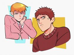 Rule 34 | 2boys, alternate costume, black eyes, blonde hair, brown hair, closed mouth, commentary, english commentary, frown, grey background, highres, jacket, long sleeves, looking at viewer, male focus, mob psycho 100, multiple boys, necktie, pink jacket, pink necktie, reigen arataka, serizawa katsuya, short hair, signature, simple background, suit jacket, sweat, upper body, yescilantro
