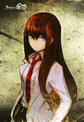 Rule 34 | 1girl, absurdres, belt, blue eyes, breast pocket, brown hair, closed mouth, collared shirt, copyright name, formal, highres, huge filesize, huke, lab coat, long hair, long sleeves, looking at viewer, makise kurisu, megami magazine, megami magazine deluxe, necktie, official art, pants, pocket, purple eyes, red necktie, ringed eyes, shirt, smile, solo, steins;gate, suit, white shirt, wing collar
