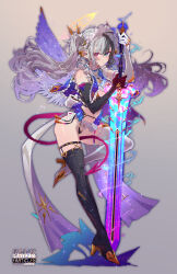 Rule 34 | 1girl, angel, black hair, blue eyes, boots, breasts, demon tail, earrings, elbow gloves, expressionless, full body, gloves, grey background, halo, high heels, highres, holding, holding sword, holding weapon, jewelry, long hair, looking at viewer, medium breasts, micro panties, original, panties, pointy ears, red eyes, sword, tail, tajima ryuushi, twintails, underwear, weapon, white hair, wings