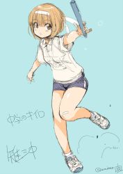 Rule 34 | 1girl, armpit peek, brown eyes, brown hair, character request, commentary request, full body, headband, inoue sora, relay baton, shoes, short hair, short shorts, shorts, sneakers, solo