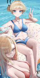 Rule 34 | 2girls, absurdres, asuna (blue archive), bare shoulders, bikini, blonde hair, blue archive, blue bikini, blue eyes, blue halo, blush, breasts, cleavage, double v, hair over one eye, halo, highres, hwan (verypoor), innertube, jewelry, large breasts, long hair, looking at viewer, medium breasts, multiple girls, necklace, ocean, outdoors, red bikini, short hair, smile, swim ring, swimsuit, toki (blue archive), v