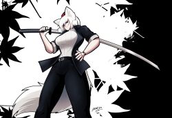 Rule 34 | 1girl, alternate costume, animal ears, black background, black nails, black pants, black shirt, breasts, closed mouth, commentary, english commentary, feet out of frame, fingernails, frown, hair between eyes, hat, highres, holding, holding sword, holding weapon, inubashiri momiji, katana, large breasts, leaf, long bangs, looking at viewer, maple leaf, open clothes, open shirt, pants, pom pom (clothes), red eyes, red hat, shirt, short hair, short sleeves, signature, solo, standing, striped clothes, striped shirt, sword, tail, tokin hat, touhou, two-tone background, vertical-striped clothes, vertical-striped shirt, watch, weapon, white background, white hair, white shirt, wolf ears, wolf tail, wristwatch, zedrin