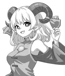 Rule 34 | 1girl, breasts, bright pupils, commentary, curled horns, earrings, greyscale, hair ribbon, horn ornament, horn ribbon, horns, jewelry, looking at viewer, medium breasts, monochrome, onkn sxkn, pointy ears, ribbon, sharp teeth, sheep horns, short hair, solo, teeth, touhou, toutetsu yuuma, upper body
