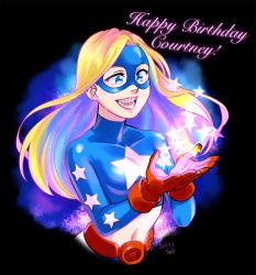 Rule 34 | 1girl, belt, blonde hair, blue eyes, braces, crop top, dated, dc comics, domino mask, earrings, gloves, happy birthday, jewelry, justice league, justice society of america, long hair, mask, midriff, navel, open mouth, red gloves, sen (sen69), signature, smile, solo, star (symbol), star earrings, stargirl, superhero costume, upper body