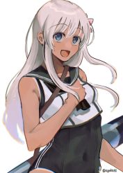Rule 34 | 1girl, ayuko91, black neckerchief, black one-piece swimsuit, black sailor collar, blonde hair, blue eyes, crop top, flower, hair flower, hair ornament, highres, kantai collection, long hair, looking at viewer, neckerchief, one-piece swimsuit, one-piece tan, ro-500 (kancolle), sailor collar, shirt, simple background, sleeveless, sleeveless shirt, smile, solo, swimsuit, swimsuit under clothes, tan, tanline, torpedo, white background
