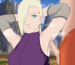 Rule 34 | 1boy, 1girl, armpit sex, armpit sweat, armpits, blonde hair, blue eyes, breasts, clothed female nude male, clothed sex, cum, cum on armpit, ecrofnaireh, ejaculation, herianforce, highres, long hair, medium breasts, naruto, naruto (series), naruto shippuuden, nude, outdoors, ponytail, pupiless eyes, sleeveless, sweat, yamanaka ino