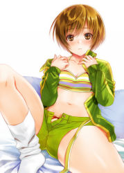 Rule 34 | 1girl, bed, blush, bra, breasts, brown eyes, brown hair, cleavage, jacket, navel, open clothes, open jacket, panties, persona, persona 4, satonaka chie, seiru (prairie), short hair, short shorts, shorts, small breasts, socks, solo, sports bra, striped, striped sports bra, track jacket, unbuttoned, underwear