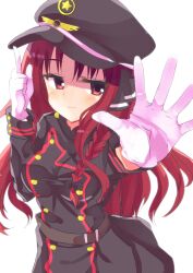 Rule 34 | 1girl, :3, absurdres, adjusting clothes, adjusting headwear, black bow, black jacket, black skirt, blush, bow, braid, breasts, closed mouth, commentary, cowboy shot, dracu-riot!, eyelashes, foreshortening, gloves, hair between eyes, hair bow, hands up, hat, highres, index finger raised, jacket, jitome, long hair, looking at viewer, medium breasts, military hat, military uniform, open hand, outstretched arm, red eyes, red hair, segaxtu, sidelocks, simple background, single braid, skirt, smile, solo, standing, uniform, very long hair, wavy hair, white background, white gloves, yarai miu