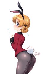 Rule 34 | 1girl, alternate costume, animal ears, ass, black bow, black leotard, black pantyhose, blue eyes, blush, bow, braid, closed mouth, commentary, cowboy shot, dated, embarrassed, fake animal ears, fake tail, flying sweatdrops, from behind, girls und panzer, hair bow, highres, jacket, kuzuryuu kennosuke, leotard, looking at viewer, looking back, military, military uniform, one-hour drawing challenge, orange hair, orange pekoe (girls und panzer), pantyhose, parted bangs, playboy bunny, rabbit ears, rabbit tail, red jacket, short hair, simple background, solo, st. gloriana&#039;s military uniform, standing, tail, twitter username, uniform, white background