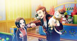Rule 34 | 2boys, akai suzaku, animal, animal on shoulder, black hair, buttons, cat, cat on shoulder, child, collared shirt, fingernails, fist bump, hat, highres, holding, holding stuffed toy, idolmaster, idolmaster side-m, idolmaster side-m growing stars, jewelry, long sleeves, male focus, multicolored hair, multiple boys, necklace, nyako (idolmaster), official art, okamura nao, open clothes, orange eyes, orange hair, purple eyes, red hair, ring, shirt, smile, streaked hair, stuffed animal, stuffed cat, stuffed toy, teeth, top hat, upper teeth only