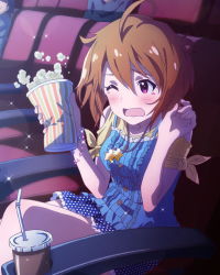Rule 34 | 10s, 1girl, ahoge, artist request, bracelet, brown hair, cup, drinking straw, food, frilled skirt, frills, ibuki tsubasa, idolmaster, idolmaster million live!, jewelry, jpeg artifacts, messy hair, movie theater, necklace, official art, one eye closed, open mouth, pink eyes, polka dot, polka dot skirt, popcorn, short hair, sitting, skirt, tears, wavy mouth, wink