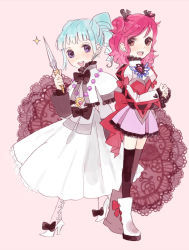 Rule 34 | 2girls, alfa system, ange serena, blue hair, breasts, brown eyes, capelet, cheria barnes, dress, frills, jewelry, knife, long hair, multiple girls, necklace, negi (loveyr), open mouth, pink hair, purple eyes, ribbon, shoes, skirt, tales of (series), tales of graces, tales of innocence, thighhighs, weapon